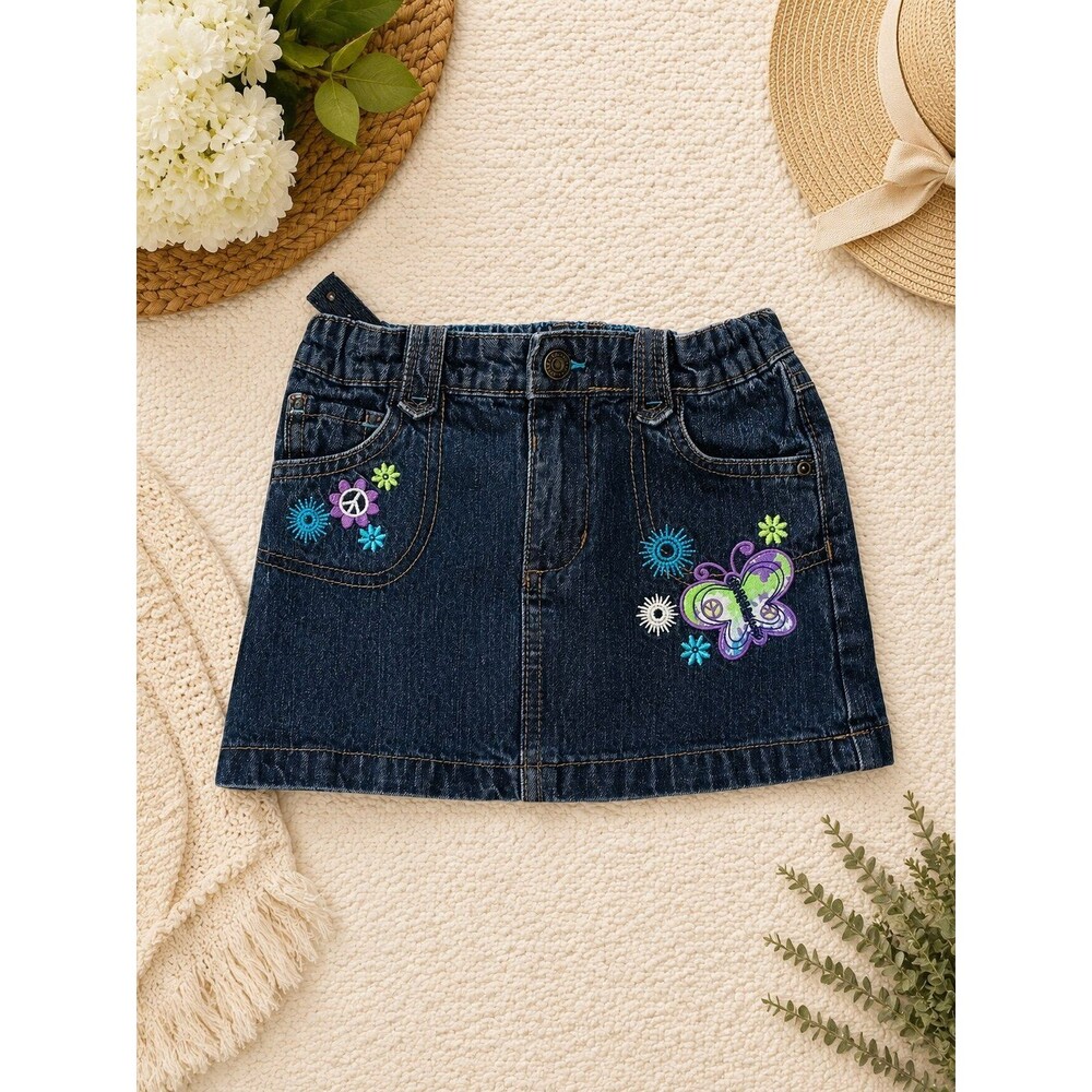 Healthtex Girls Denim Butterfly Embroidered Skirt Size 5T Dark Wash Jean Skirt